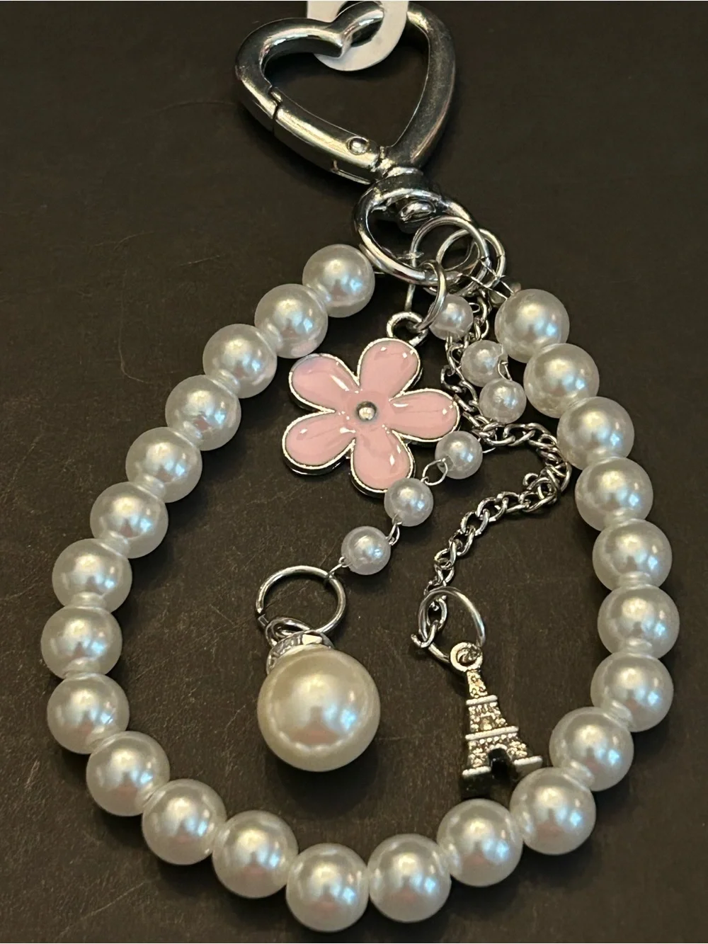 Silver or Gold w/Colored Enamel Flower Faux Pearl Wristlet Keychain Bag Charm